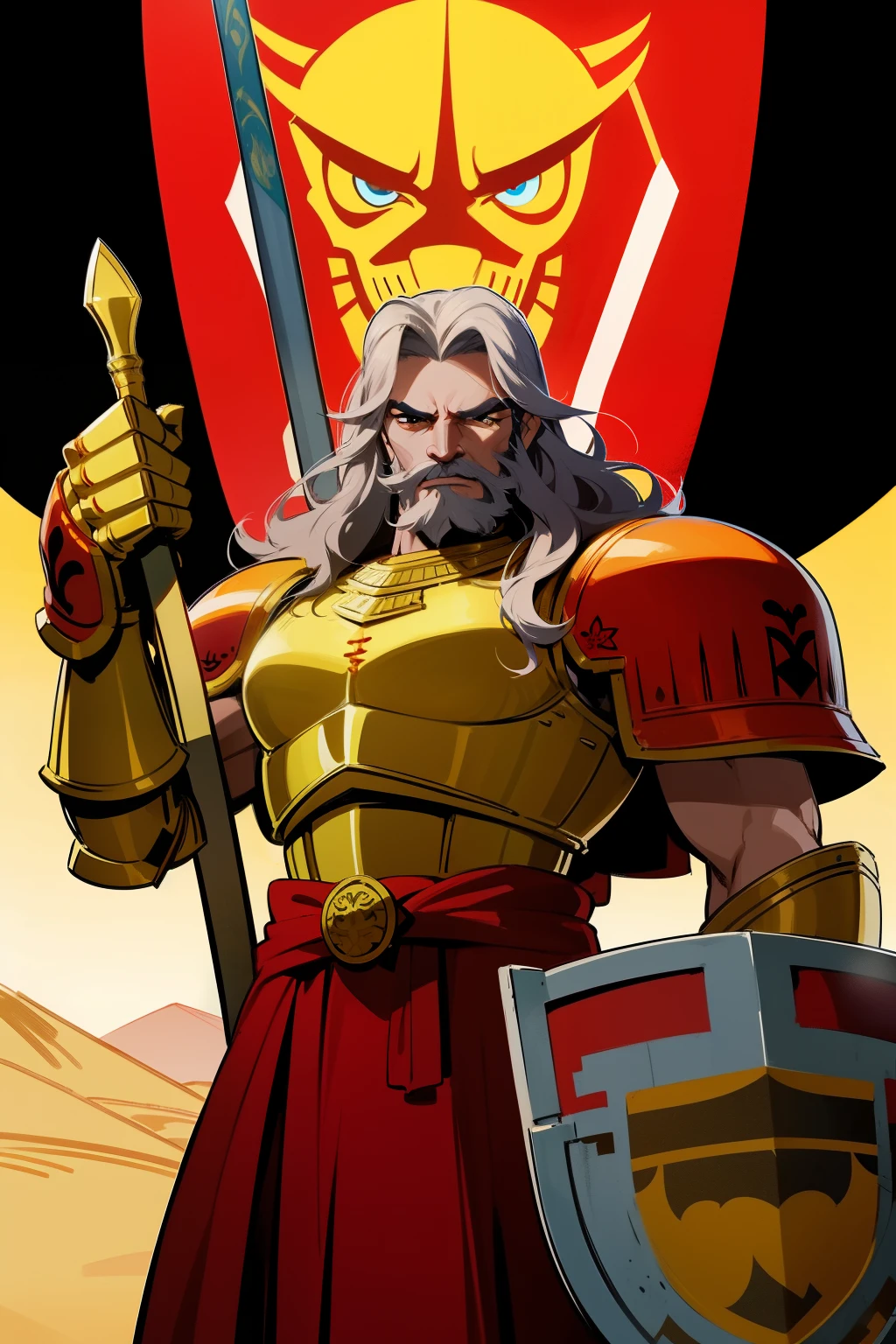 Full image of Leonidas on the Battle of Thermopylae, the Spartan king stands tall and strong at the frontline, his armor glistening in the sun. His hair, long and wavy, is tied back in a traditional Spartan manner. His eyes, filled with determination and resolve, are locked onto the incoming Persian army. His shield, bearing the lion emblem of Sparta, is raised high, protecting his comrades behind him. His spear, sharp and ready, is held firmly in his right hand, ready to defend his homeland. The mountain pass behind him is narrow, and Leonidas stands as a symbol of courage and defiance against the vast Persian army. His