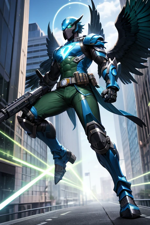 ((best quality)), ((masterpiece)), (detailed), 1 man, full body, 25 years old, masked, blue mask, blue head, uncovered mouth, biker helmet, blue helmet, parrot helmet, black neck, tall, thin, black beak, black details, a green parrot with a blue head on his side, metallic wings, wings on his arms, blue fingerless gloves, blue wristbands, luminous blue wings shooting lasers, blue suit resembling light armor, blue suit with an emblem, entirely green chest, emblem on his chest, green pants, deployable bird tail, metallic feathers, gray knee pads, metallic gray boots, metallic bird claws, black superhero belt, flying through the city, midday city background, anime
