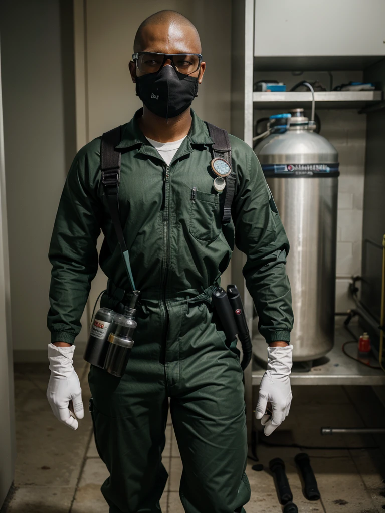 A detailed image of a Black pest control technician with a shaved head, wearing a dark green jumpsuit with the company logo, non-slip safety boots, protective gloves, a filtering mask, and safety goggles. The technician carries a utility belt with essential tools and holds a portable sprayer for applying disinfectant products, maintaining a professional appearance, ready to ensure an effective and safe service. High-resolution, photorealistic, background: 100% white