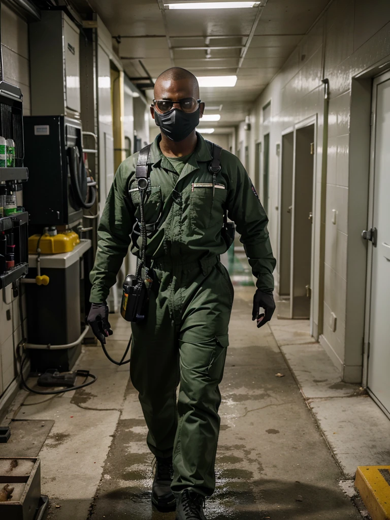 A detailed image of a Black pest control technician with a shaved head, wearing a dark green jumpsuit with the company logo, non-slip safety boots, protective gloves, a filtering mask, and safety goggles. The technician carries a utility belt with essential tools and holds a portable sprayer for applying disinfectant products, maintaining a professional appearance, ready to ensure an effective and safe service. High-resolution, photorealistic, background: 100% white