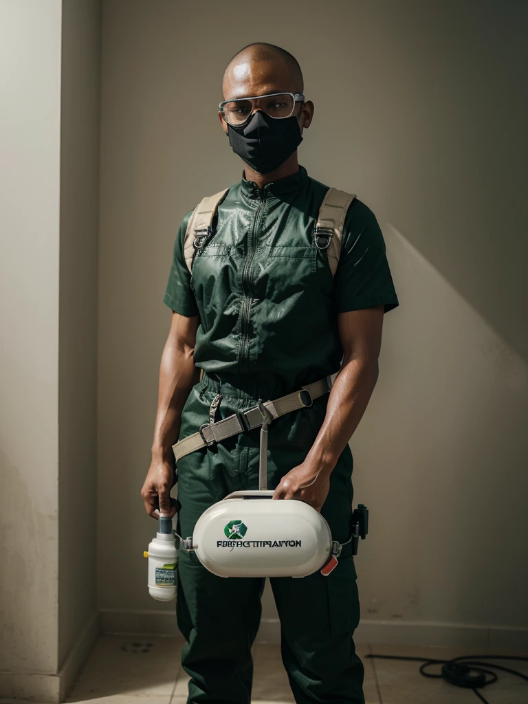 A detailed image of a Black pest control technician with a shaved head, wearing a dark green jumpsuit with the company logo, non-slip safety boots, protective gloves, a filtering mask, and safety goggles. The technician carries a utility belt with essential tools and holds a portable sprayer for applying disinfectant products, maintaining a professional appearance, ready to ensure an effective and safe service. High-resolution, photorealistic, background: 100% white