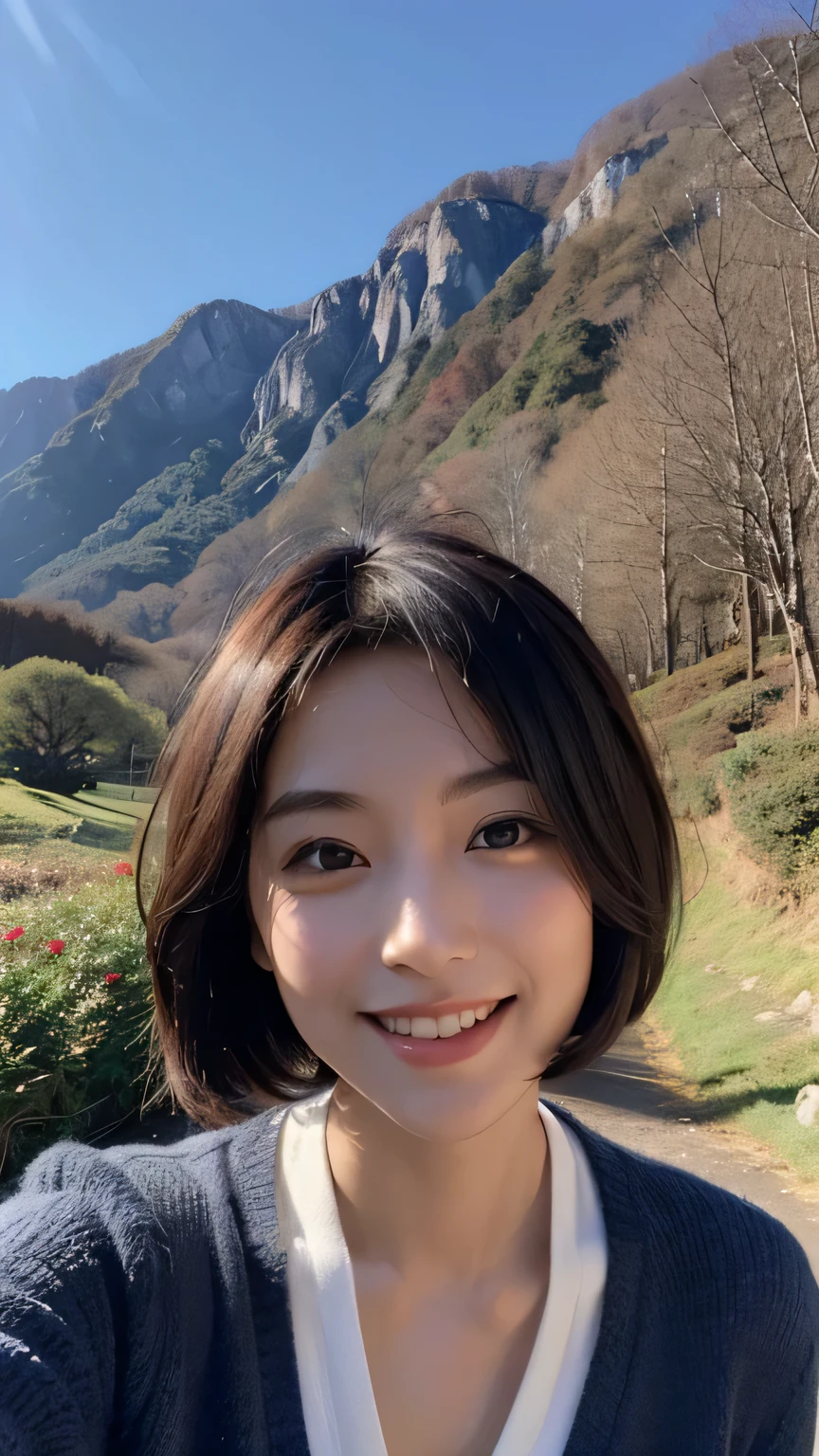 ((pretty face:1.4)), (Purelos face_v1: 1.0),(in the mountains)),Beautiful Japanese women photos , very short bob hair,, full body, smiling