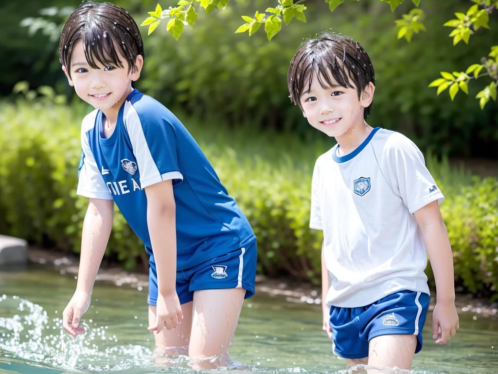 In the forest、Children in the countryside、Swimming in the river、Bathing in water、水でGet wet all over、Cute elementary school boy、10Year old boy、Boy in gym clothes、The bottom of the white T-shirt is blue、Blue shorts、The boys are playing、Get wet all over、Noisy boys、Splashing Water、Japanese、(Boy 1.4)、high resolution、Highest quality