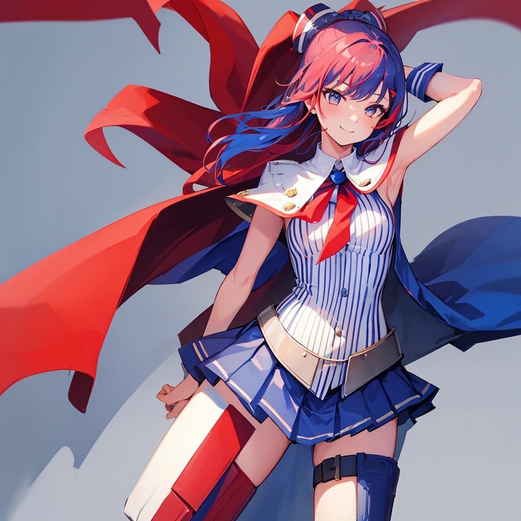 1 Girl of American spirit, Red white and blue hair, smiling, patriotic suit, skirt, her cape is the american flag, homelander from the boys, patriotic, standing, arms on hips, looking aside, close-up