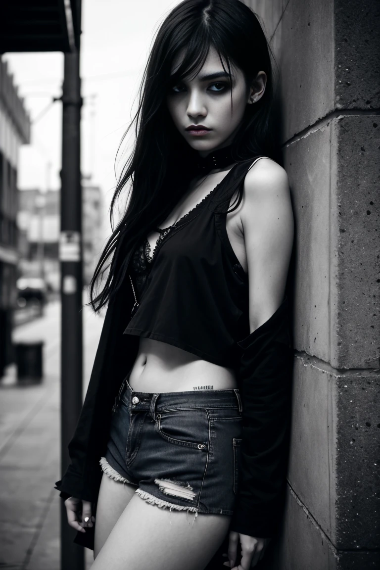 a beautiful 18 year old slim and sexy woman, emo girl, black dress, denim shorts, detailed face, long eyelashes, intricate makeup, moody expression, dark aesthetic, dramatic lighting, cinematic composition, muted color palette, dramatic shadows, grungy urban environment