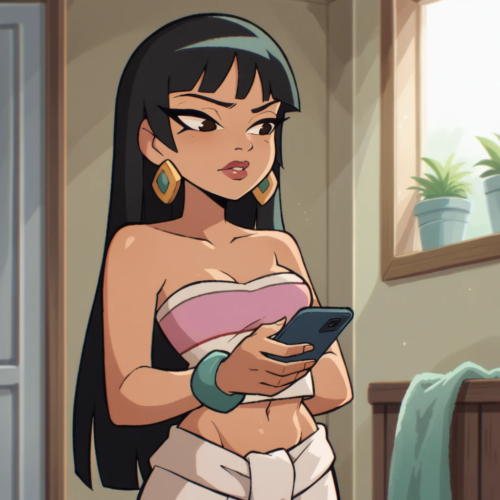 score_9_presence, score_8_up, Chel, El Dorado, wrapped in towel, medium breasts, holding phone