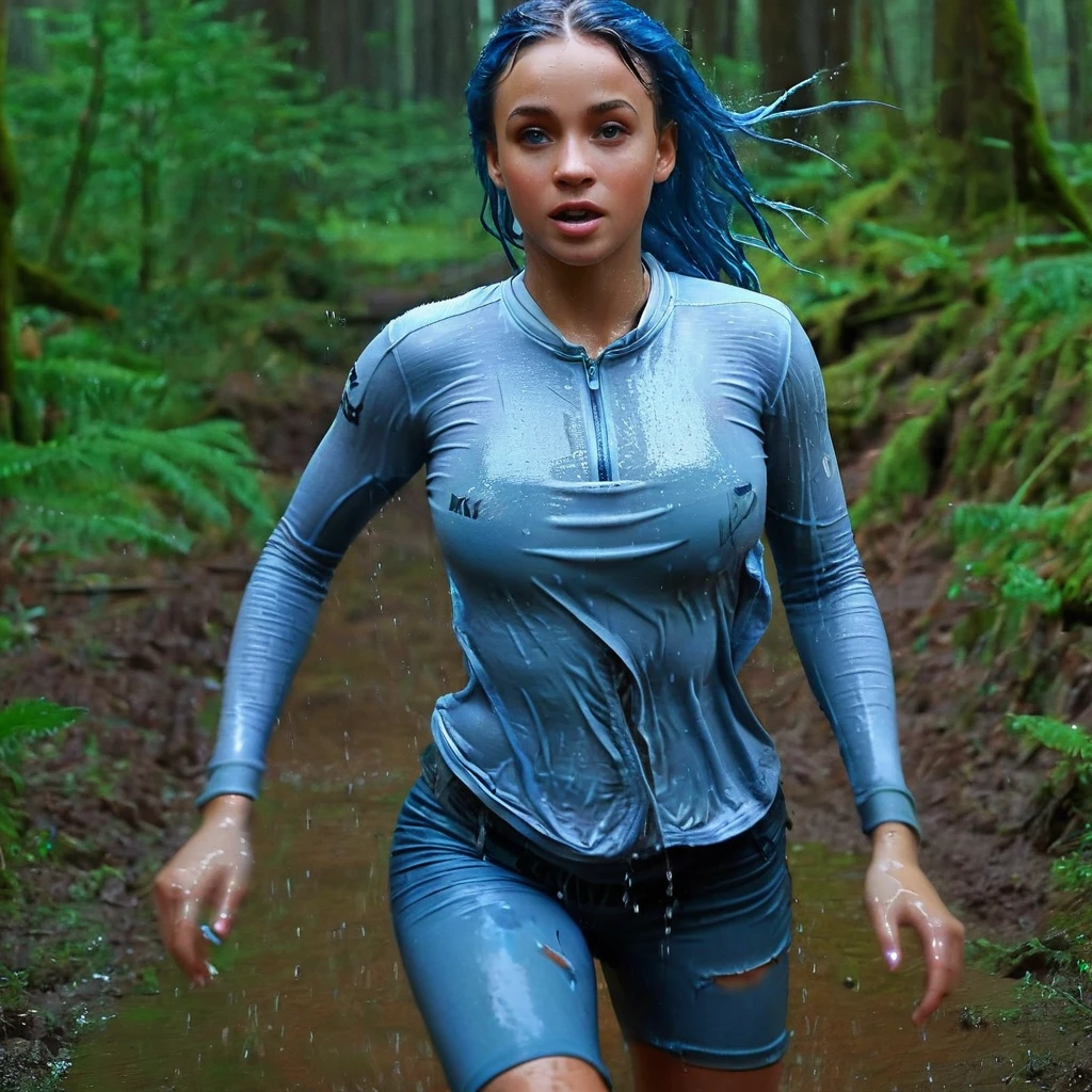 a beautiful biracial woman, blue hair, light blue eyes, athletic figure, large breasts, running in forest, heavy rain, mud on clothes, full body, (best quality,4k,8k,highres,masterpiece:1.2),ultra-detailed,(realistic,photorealistic,photo-realistic:1.37),HDR,UHD,studio lighting,ultra-fine painting,sharp focus,physically-based rendering,extreme detail description,professional,vivid colors,bokeh,portrait