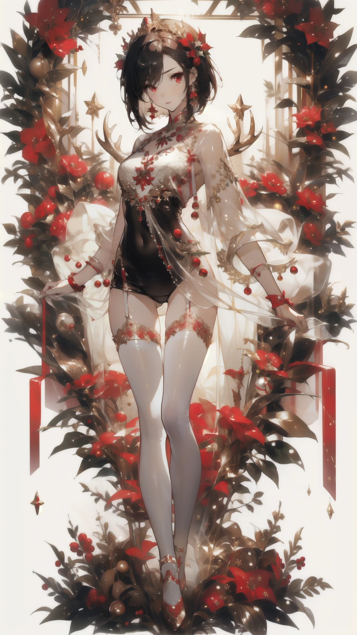 ((masterpiece, best quality)), Delicate face,Beautiful goddess,Christmas,Elk,Standing picture,whole body,Perfect body proportions,Long legs,Handsome short hair,Nice red eyes,Fantasy style,White background,Extremely beautiful,transparent,Sexy,Sexy Lingerie