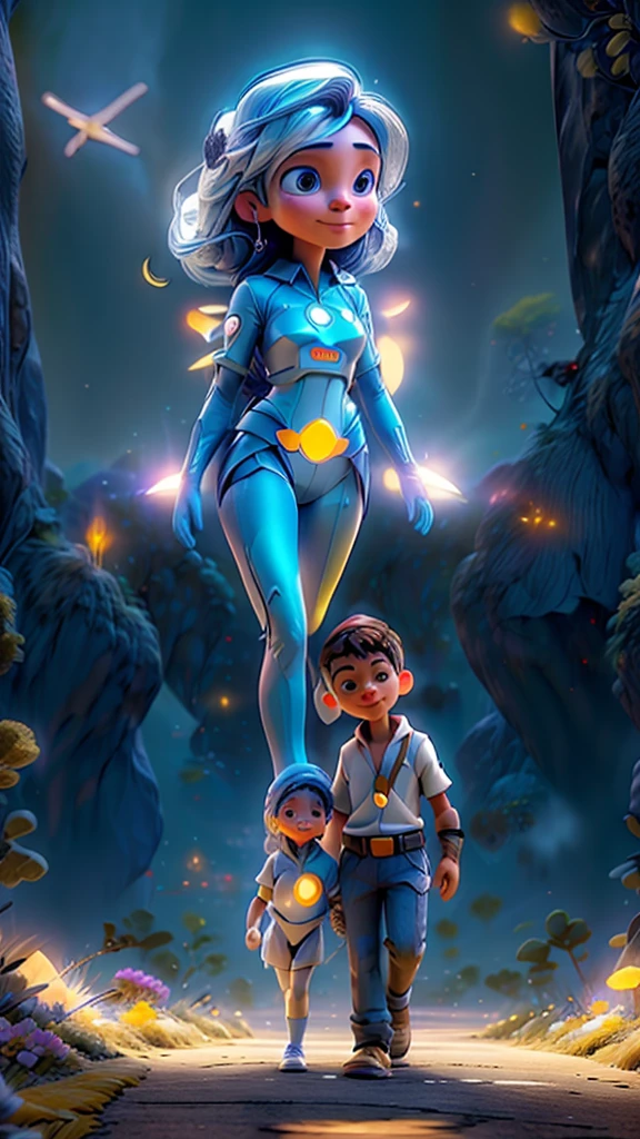 a spiritual city, with a futuristic plane in the sky, a couple in love walking, blue and gold lights, people practicing astral projection, people flying in the sky, with angelic energy, flashes of light around a person flying
