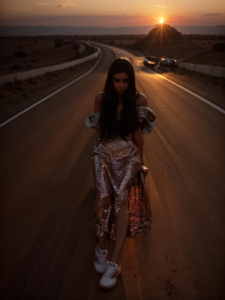 Behind the girl is an expensive car on which she sits at sunset,  realism, photographic photography, quality 