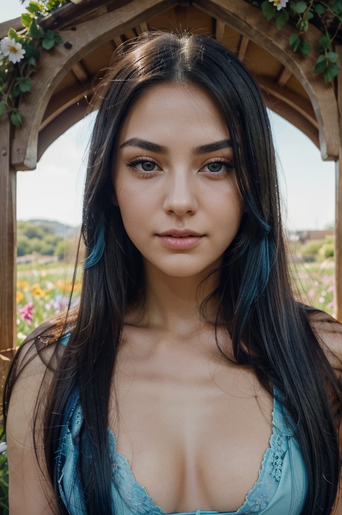 A girl with long blue hair. Her face is exquisite, with high cheekbones and smooth fair skin. Her large black eyes, framed by long thick eyelashes, are impressive and expressive, radiating calmness and confidence. Well-defined eyebrows curve gracefully above her eyes, adding intensity to her gaze. She has a small, straight nose and full, slightly parted lips that curve into a slight smile, revealing hints of mischief and allure. Her sharp, well-defined jawline gives her face a refined and elegant appearance. happy  standing in a beautiful field of flowers, colorful flowers everywhere, perfect lighting, leica summicron 35mm f2.0, Kodak Portra 400, film grain