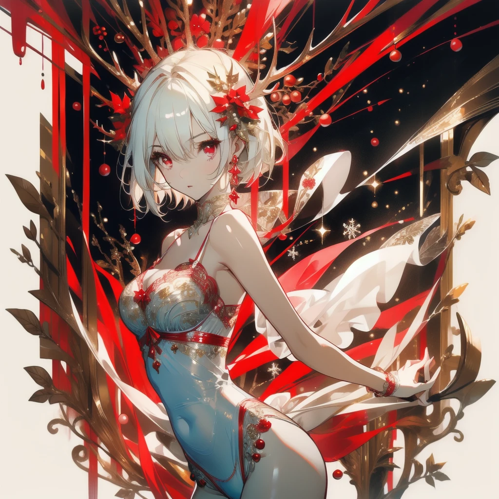 ((masterpiece, best quality)), Delicate face,Beautiful goddess,Christmas,Elk,Standing picture,whole body,Perfect body proportions,Long legs,Handsome short hair,Nice red eyes,Fantasy style,White background,Extremely beautiful,transparent,Sexy,Sexy Lingerie