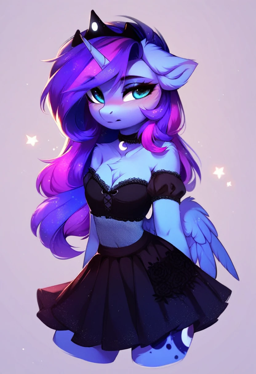 check_9, check_8_up, check_7_up, source_fluffy, rating_safe, from Magnaluna, Luna poses seductively in a gothic bedroom, antro, blushing, blue body, purple mane, black lingerie skirt