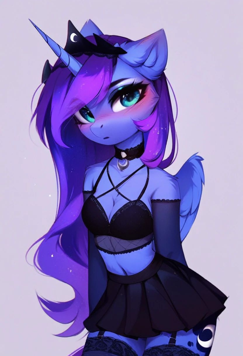 check_9, check_8_up, check_7_up, source_fluffy, rating_safe, from Magnaluna, Luna poses seductively in a gothic bedroom, antro, blushing, blue body, purple mane, black lingerie skirt