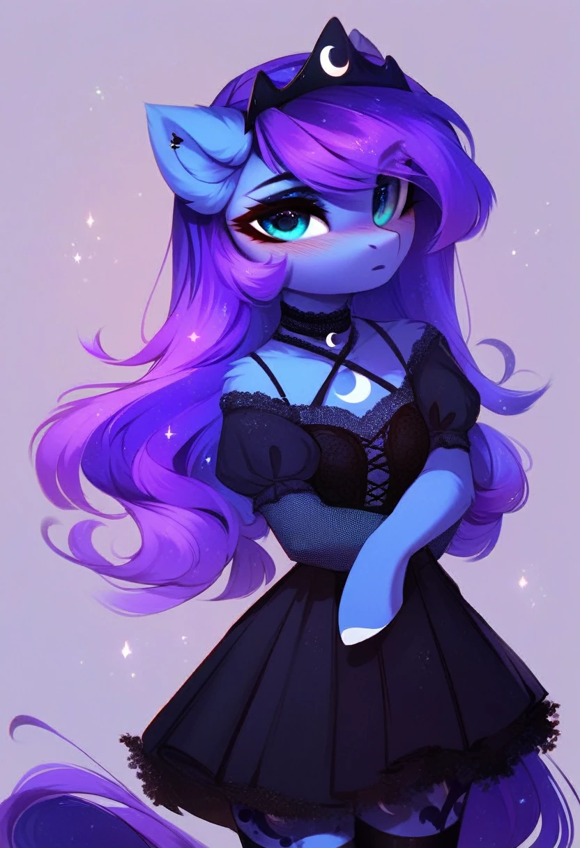check_9, check_8_up, check_7_up, source_fluffy, rating_safe, from Magnaluna, Luna poses seductively in a gothic bedroom, antro, blushing, blue body, purple mane, black lingerie skirt