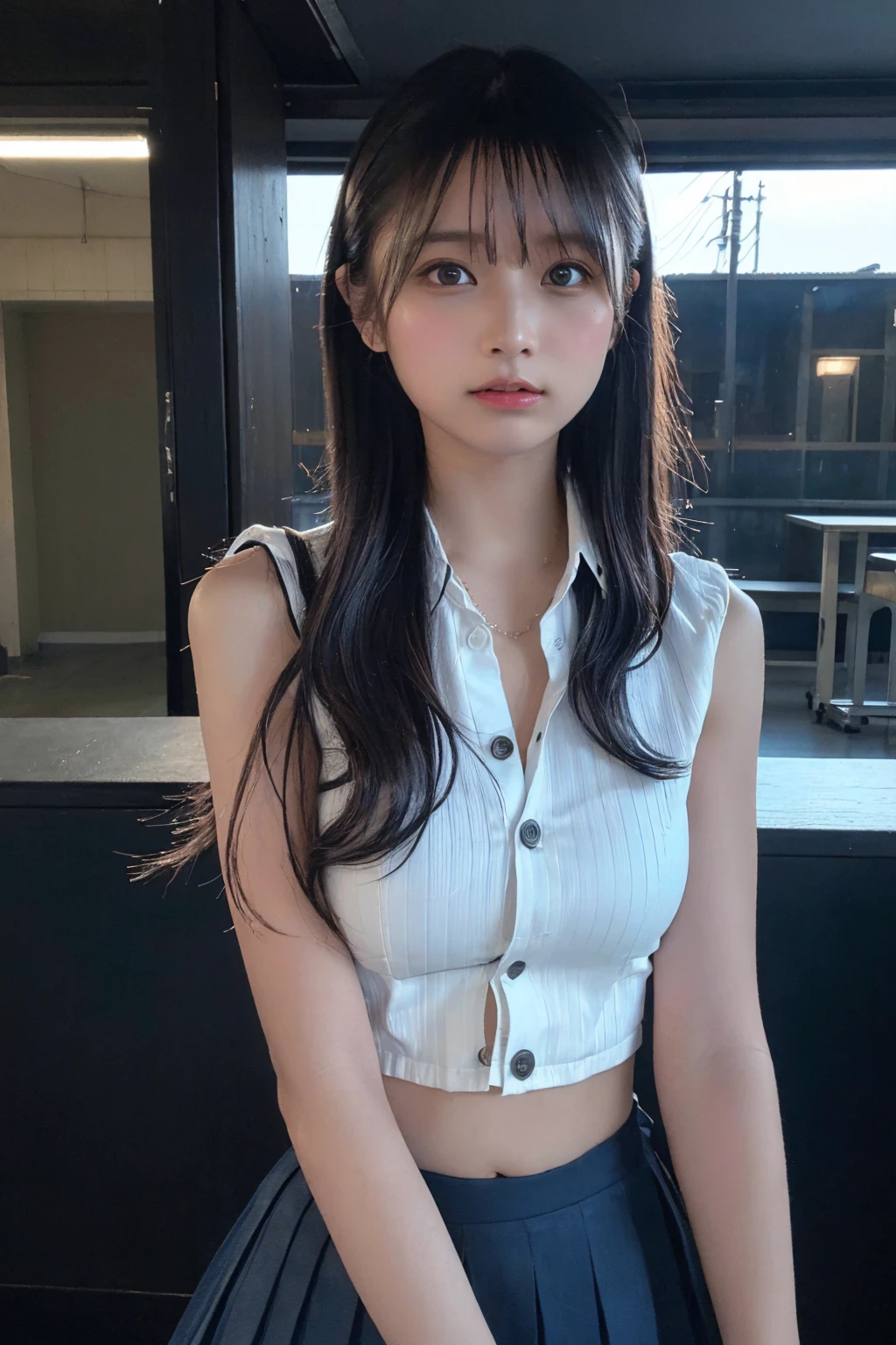 (Highest quality:1.4),(masterpiece:1.4),(Realistic:1.4),(Realistic:1.2),(超High resolution, RAW Photos:1.4),(High resolution, Very detailed:1.2),(8K:1.2),Cheki,a photo of a dark-haired,One Girl,alone,(wearing buttoned school attire with mini pleated skirt),Big Breasts,((Upper Body:1.3)), beautiful thighs, long wavy Hair,Low image quality、blurred