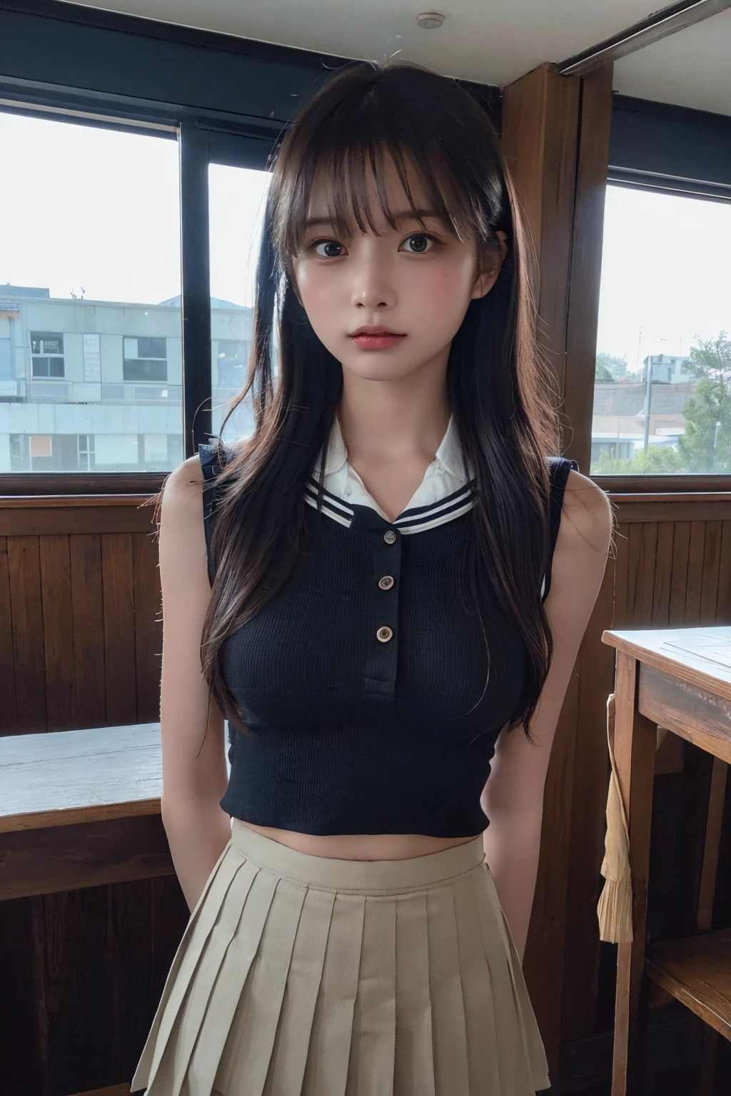 (Highest quality:1.4),(masterpiece:1.4),(Realistic:1.4),(Realistic:1.2),(超High resolution, RAW Photos:1.4),(High resolution, Very detailed:1.2),(8K:1.2),Cheki,a photo of a dark-haired,One Girl,alone,(wearing buttoned school attire with mini pleated skirt),Big Breasts,((Upper Body:1.3)), beautiful thighs, long wavy Hair,Low image quality、blurred