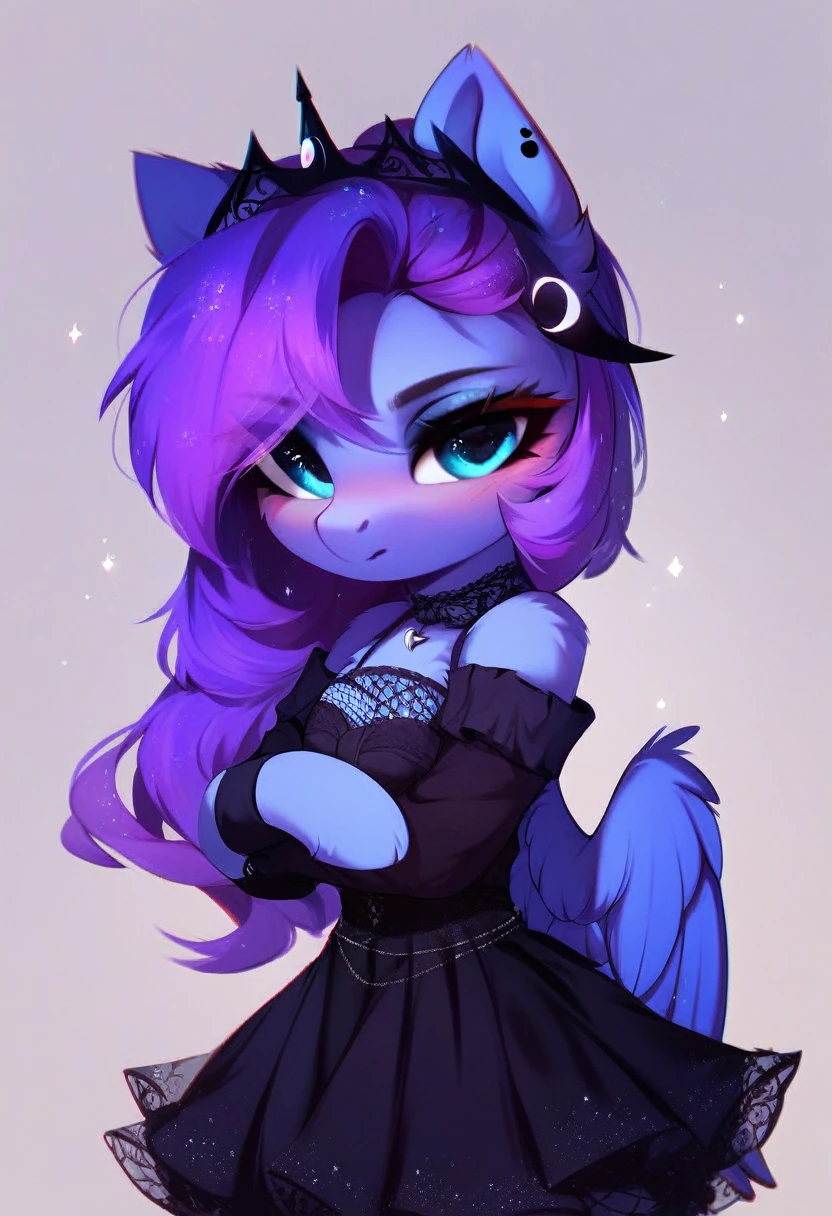 check_9, check_8_up, check_7_up, source_fluffy, rating_safe, from Magnaluna, Luna poses seductively in a gothic bedroom, antro, blushing, blue body, purple mane, black lingerie skirt