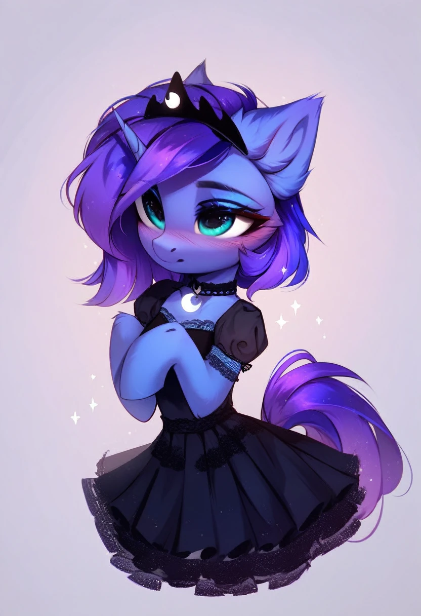 check_9, check_8_up, check_7_up, source_fluffy, rating_safe, from Magnaluna, Luna poses seductively in a gothic bedroom, antro, blushing, blue body, purple mane, black lingerie skirt