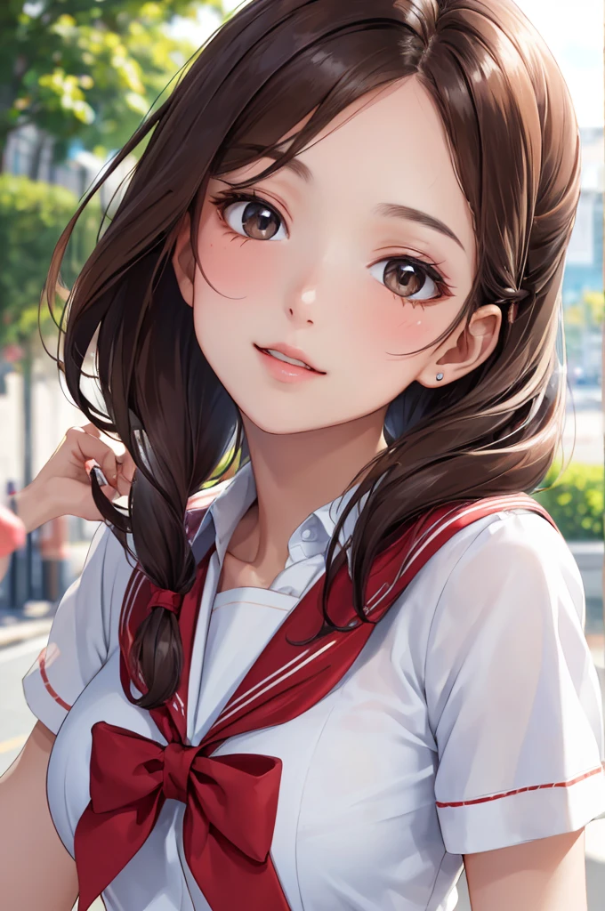 (Best Quality,High resolution,8k,finelity detailed background,Masterpiece:1.2),shoot from side,beautiful girl,Shiny brown hair,pony taill,Beautiful brown eyes,Best quality,Aesthetic and aesthetic:1.2,Best details((Super detailed))(High-definition CG illustrations),Sailor suit,Summer clothes,Big Breasts,cute,cute,Looking up,blush,School,super model