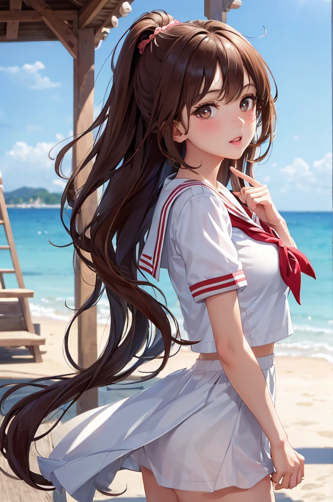 (Best Quality,High resolution,8k,finelity detailed background,Masterpiece:1.2),shoot from side,beautiful girl,Shiny brown hair,pony taill,Beautiful brown eyes,Best quality,Aesthetic and aesthetic:1.2,Best details((Super detailed))(High-definition CG illustrations),Sailor suit,Summer clothes,Big Breasts,cute,cute,Looking up,blush,School,super model