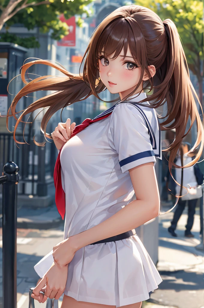 (Best Quality,High resolution,8k,finelity detailed background,Masterpiece:1.2),shoot from side,beautiful girl,Shiny brown hair,pony taill,Beautiful brown eyes,Best quality,Aesthetic and aesthetic:1.2,Best details((Super detailed))(High-definition CG illustrations),Sailor suit,Summer clothes,Big Breasts,cute,cute,Looking up,blush,School