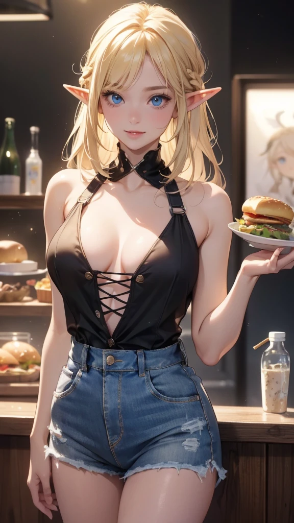 work of art, epic details, ultra detaild, best resolution, Woman, blonde, (BEAUTIFUL ELF), tied up hair, ((rosto angelical)), sculptural body, wearing denim shorts and a white tank top, ((perfect hands))), ((expression of happiness)), (Grinning), great smile, Simple smile, Scenario: a snack bar, supper: eating a hamburger, no mistakes, (((epic details na face))), (((ultra perfect eyes))), recatada