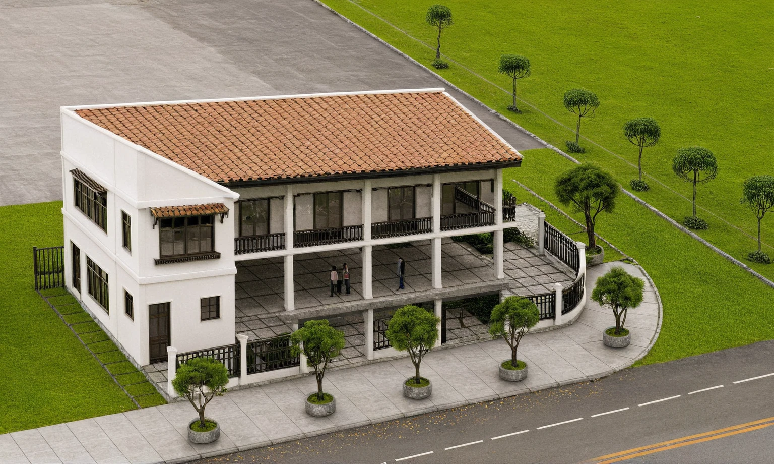 Raw photo,Masterpiece, high quality, best quality, authentic, super detail,
exterior, outdoors, house style indochine on the street ,aiaigroup
road,pavement, grass, trees, sky, cloud, (day:1.1)