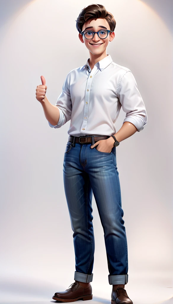 An avatar of a young man with neatly styled short hair, wearing round glasses. He is dressed in a white dress shirt and blue jeans. The young man is very happy and is giving a thumbs-up while looking directly at the camera. The image should be full-body with a white background, in Disney Pixar style, ultra-realistic in 8K.
