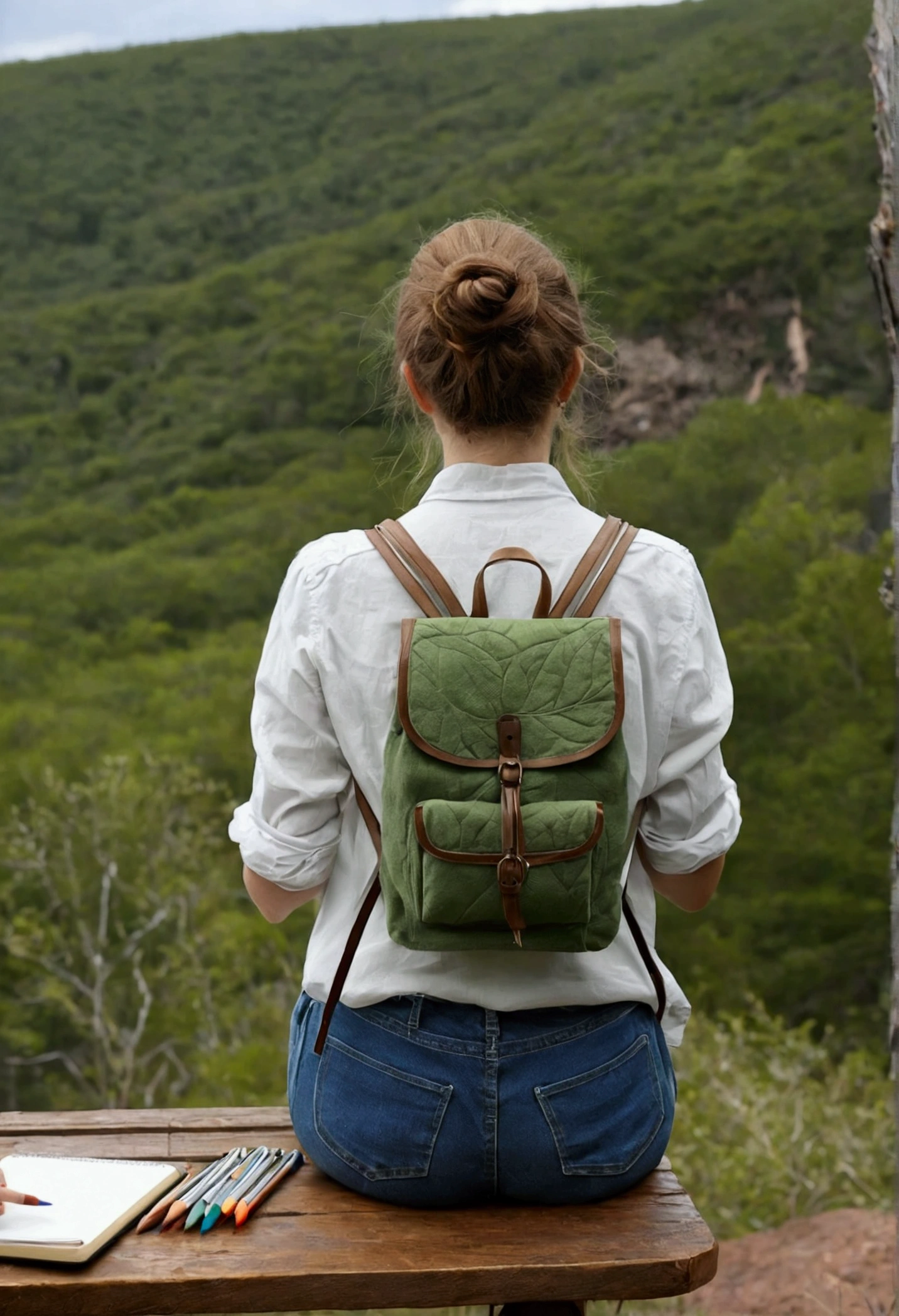 Realistic back view of a person drawing in the wilderness
