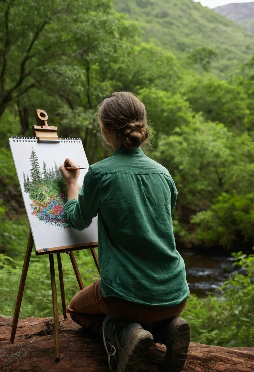 Realistic back view of a person drawing in the wilderness
