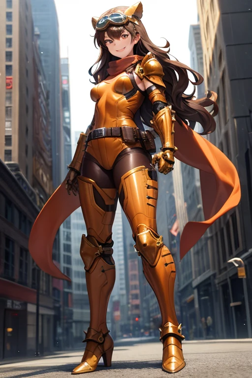 ((best quality)), ((masterpiece)), (detailed), 1 girl, full body, 20s, young adult, brown vintage aviator helmet, spiked helmet, large goggles, evil smile, long white scarf, wavy brown hair with a lock, brown collar, somewhat short, very thin, spikes on forearms, brown details, large brown leather gloves, brown wrist guards, brown nanotech suit, light armor, brown chest with an emblem, high shoulder pads, orange suit with brown stripes, brown tiger stripes, triangular emblem on chest, very small breasts, blue emblem, orange pants, brown knee pads, metallic brown boots, metallic brown shoes, brown superhero belt, standing on a building, city background, anime, holding a small metallic ball with spikes in her hand
