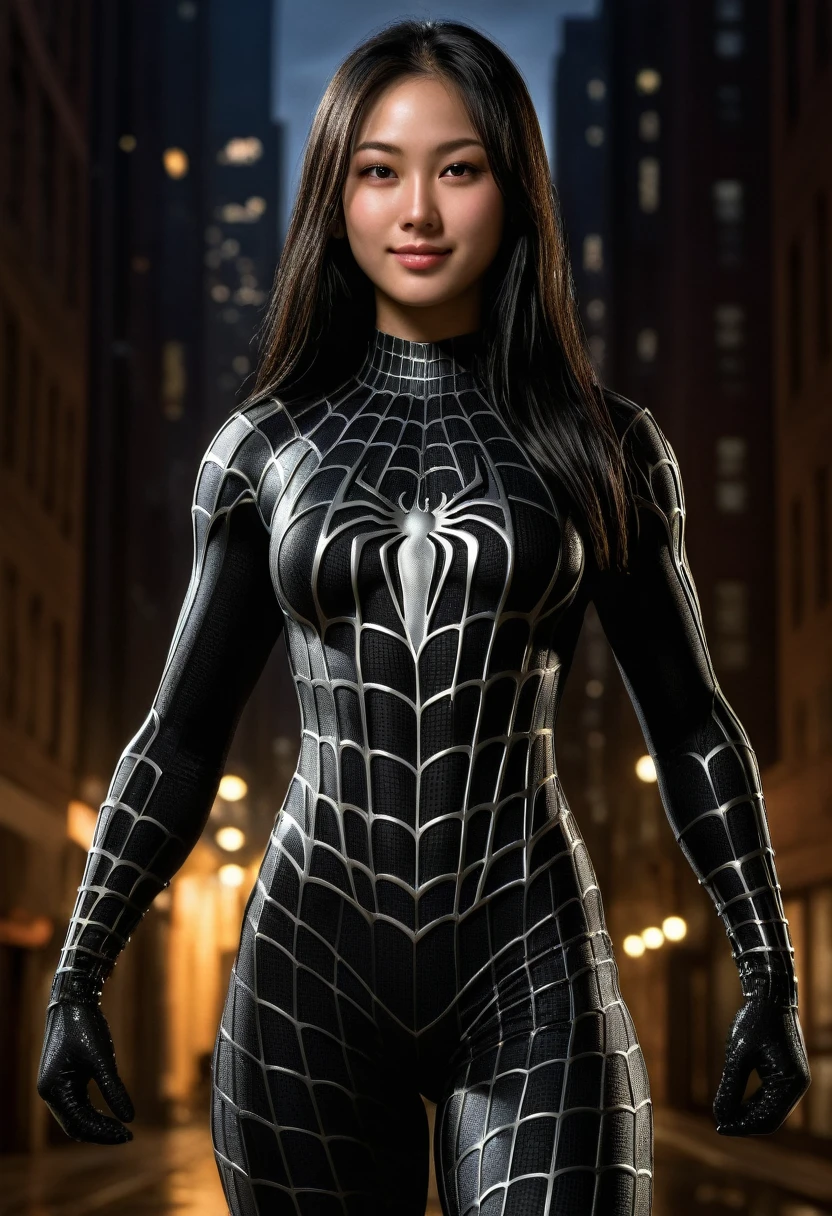score_9, score_8_up, score_7_up, best quality, realistic, masterpiece, beautiful detail, hyperrealistic, night, (1girl, woman body, smile, black hair), big breasts:1, amazing detailed full body portrait of a beautiful japanese girl, defined muscle girl, wearing a realistic and highly detailed black raimi spider-man suit, ((huge muscular girl)), professional model wears ultra - detailed black raimi spider - man suit, ultra - detailed and grained black raimi spiderman suit, suit covered entire body and hand, black spiderman gloves, wet, (workout pose), (full body), (dirty skin), close up, octane render, highly detailed, volumetric, dramatic lighting, (highest quality:1.1), (HDR:1.3), (top quality, best quality), realistic, high definition,