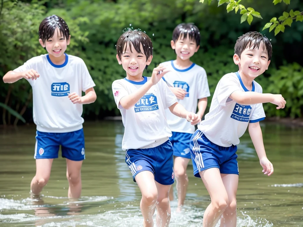 In the forest、 in the countryside、Swimming in the river、Bathing in water、水でGet wet all over、Cute eletary boy、Boy in gym clothes、The bottom of the white T-shirt is blue、Blue shorts、The boys are playing、Get wet all over、The laughter of boys can be heard from afar、Splashing Water、Japanese、(Boy 1.4)、high resolution、Highest quality
