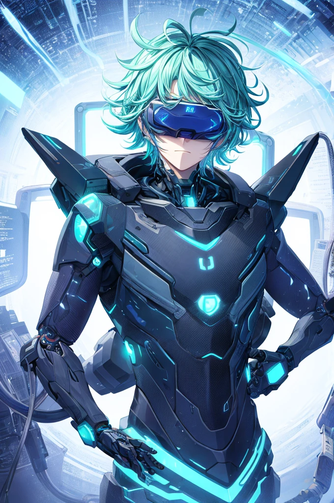 best quality, head-mounted display,
(1 boy), twink, exposed abdomen, exposed abs, surrounded by azure neon, blone short messy hair, short floating hair, NodesTech mascara, NodesTech headdress, ethereal hair, multicolored azure hair, ((wearing crop top cyborg armor)),
BREAK sci-fi background, detailed background, azure neon background, data space