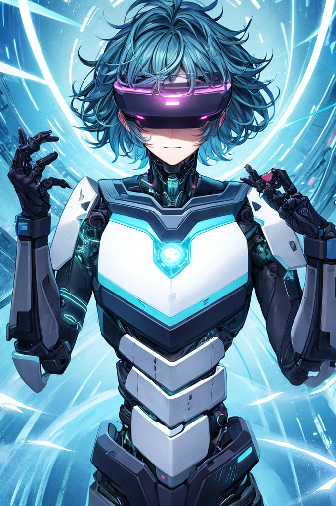 best quality, head-mounted display,
(1 boy), twink, exposed abdomen, exposed abs, surrounded by azure neon, blone short messy hair, short floating hair, NodesTech mascara, NodesTech headdress, ethereal hair, multicolored azure hair, ((wearing crop top cyborg armor)),
BREAK sci-fi background, detailed background, azure neon background, data space