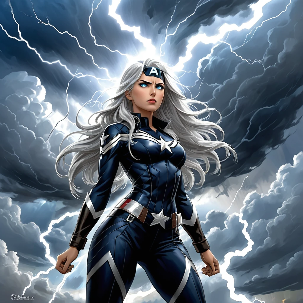 she is tall, athletic woman with long silver hair., which glows faintly when he uses his powers. His eyes change color depending on his emotional state and the weather phenomena he manipulates.., from a calm blue sky to a stormy gray. Her heroine outfit is black and white., with silver details that resemble lightning and clouds.tornado symbol with Captain America&#39;shield