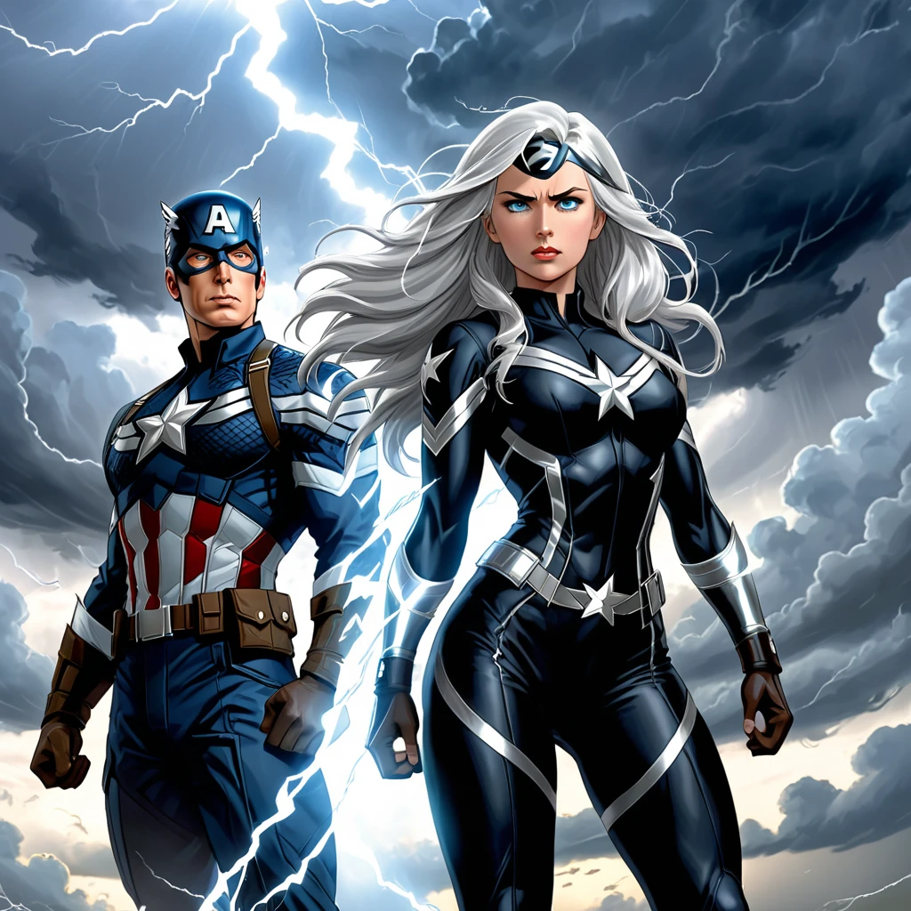she is tall, athletic woman with long silver hair., which glows faintly when he uses his powers. His eyes change color depending on his emotional state and the weather phenomena he manipulates.., from a calm blue sky to a stormy gray. Her heroine outfit is black and white., with silver details that resemble lightning and clouds.tornado symbol with Captain America'shield