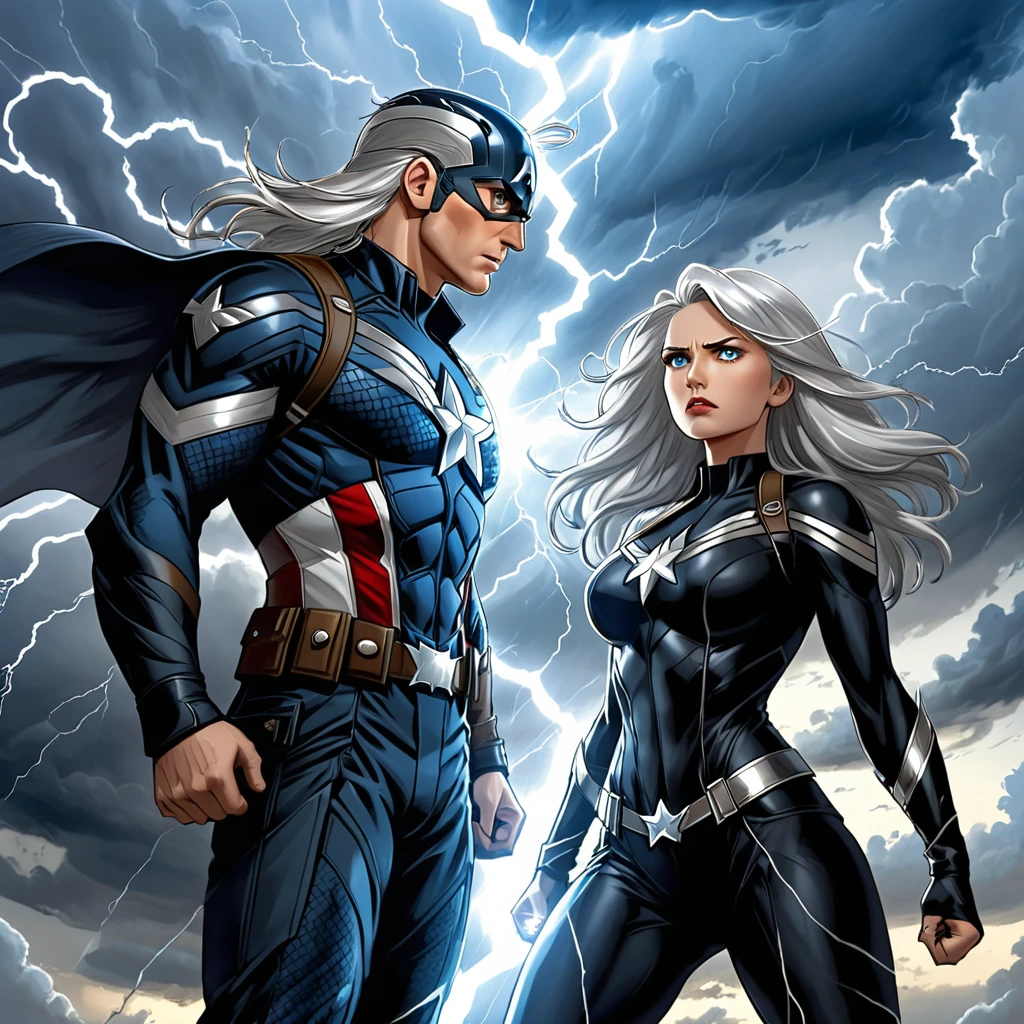 she is tall, athletic woman with long silver hair., which glows faintly when he uses his powers. His eyes change color depending on his emotional state and the weather phenomena he manipulates.., from a calm blue sky to a stormy gray. Her heroine outfit is black and white., with silver details that resemble lightning and clouds.tornado symbol with Captain America'shield