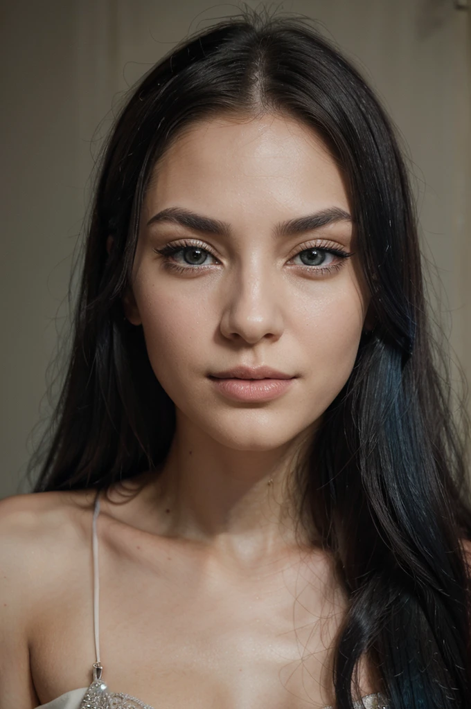 A girl with long blue hair. Her face is exquisite, with high cheekbones and smooth fair skin. Her large black eyes, framed by long thick eyelashes, are impressive and expressive, radiating calmness and confidence. Well-defined eyebrows curve gracefully above her eyes, adding intensity to her gaze. She has a small, straight nose and full, slightly parted lips that curve into a slight smile, revealing hints of mischief and allure. Her sharp, well-defined jawline gives her face a refined and elegant appearance. Capture long shot of the subject against a natural backdrop, using a Leica camera to emphasize cinematic depth. Leverage the 8K resolution for ultra-high detail in facial expressions and surrounding elements. Employ subtle pastel hues to evoke a sense of elegance.