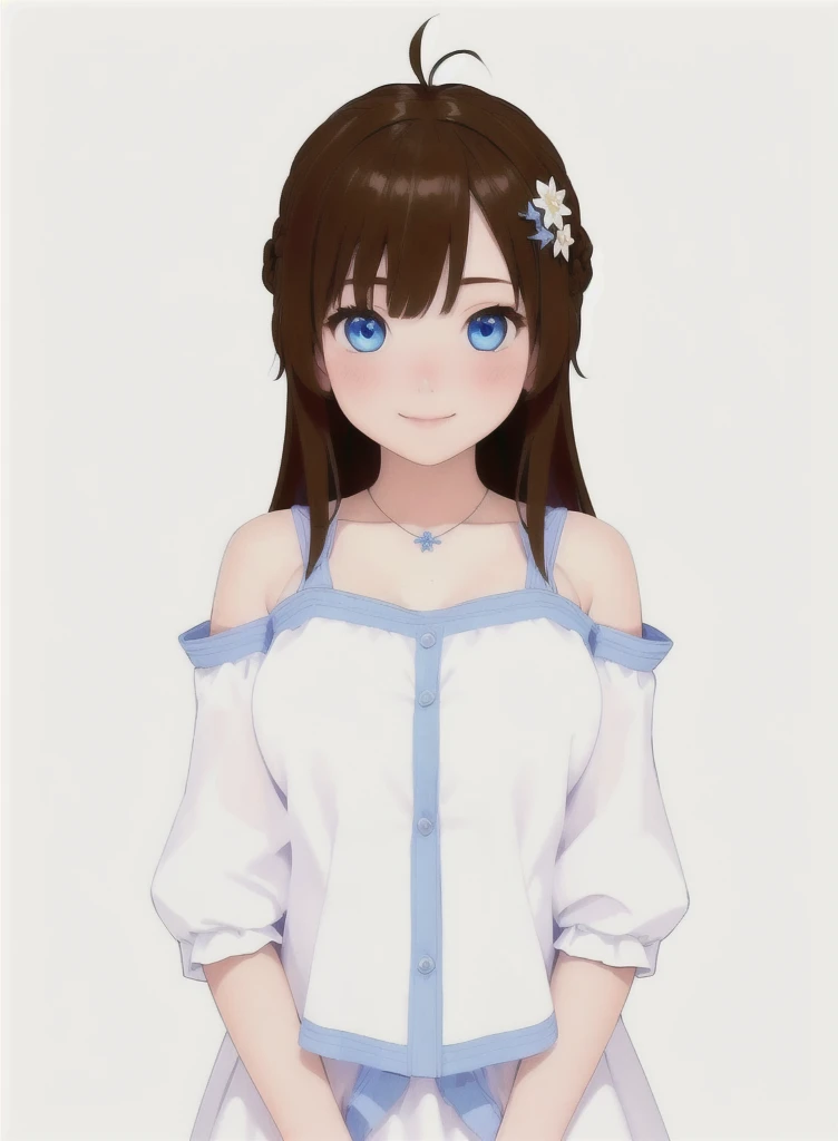 masterpiece, 1 girl, beautiful girl, smile, close up, detailed face, detailed eyes, detailed pupils, round pupils, blue eyes, brown hair, long hair, bangs, equal length bangs, small ahoge, bare shoulders, blush, medium breasts, white dress, frilly dress, looking at viewer, fantasy, european, castle in background, architecture, outdoors, best quality, high res, ultrasharp, high detail, sharp focus, dramatic, beautiful lighting, real life, intricate, caustics, subsurface scattering, reflections, (photorealistic:1.5), (ulzzang-6500:0.5), (RAW photo, 8k uhd, film grain)