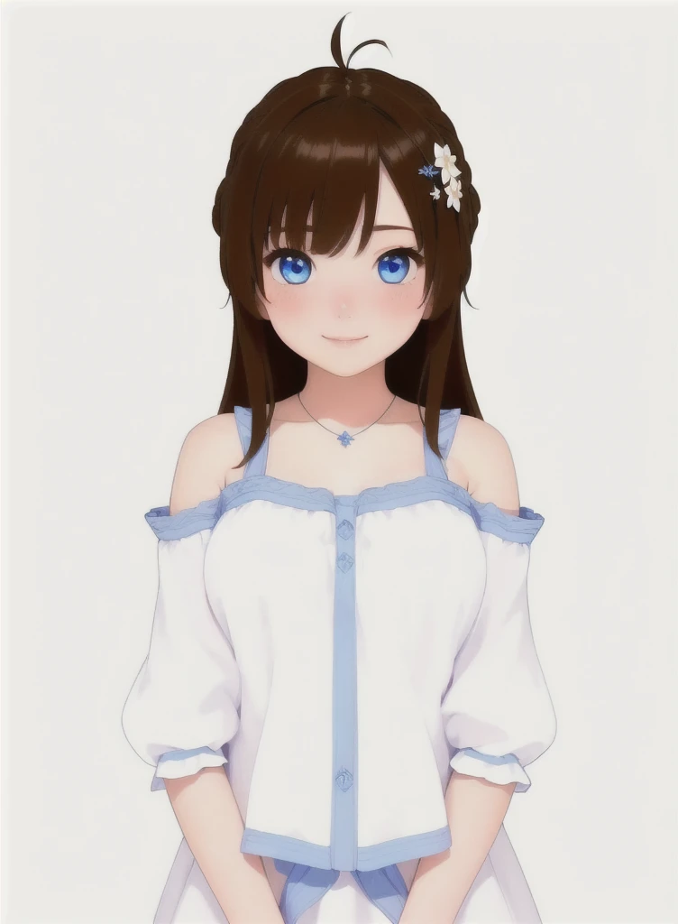 masterpiece, 1 girl, beautiful girl, smile, close up, detailed face, detailed eyes, detailed pupils, round pupils, blue eyes, brown hair, long hair, bangs, equal length bangs, small ahoge, bare shoulders, blush, medium breasts, white dress, frilly dress, looking at viewer, fantasy, european, castle in background, architecture, outdoors, best quality, high res, ultrasharp, high detail, sharp focus, dramatic, beautiful lighting, real life, intricate, caustics, subsurface scattering, reflections, (photorealistic:1.5), (ulzzang-6500:0.5), (RAW photo, 8k uhd, film grain)