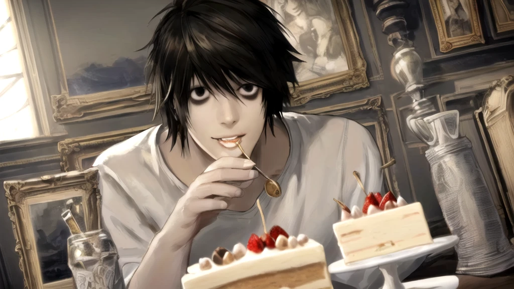 1 boy, man, perfect anatomy, mesmerizing black eyes, 8k resolution, (one person), (realism: 1.2), (masterpiece: 1.2), (cowboy frame: 1.2), dark romantic lighting, (high detail: 1.2), (detailed face: 1.2), (gradients), bright detailed eyes, (natural light: 1.2), solo, indoors, perfect lighting, perfect facial features, perfect angle, perfectly drawn eyes, man, smile, skinny, eats cake