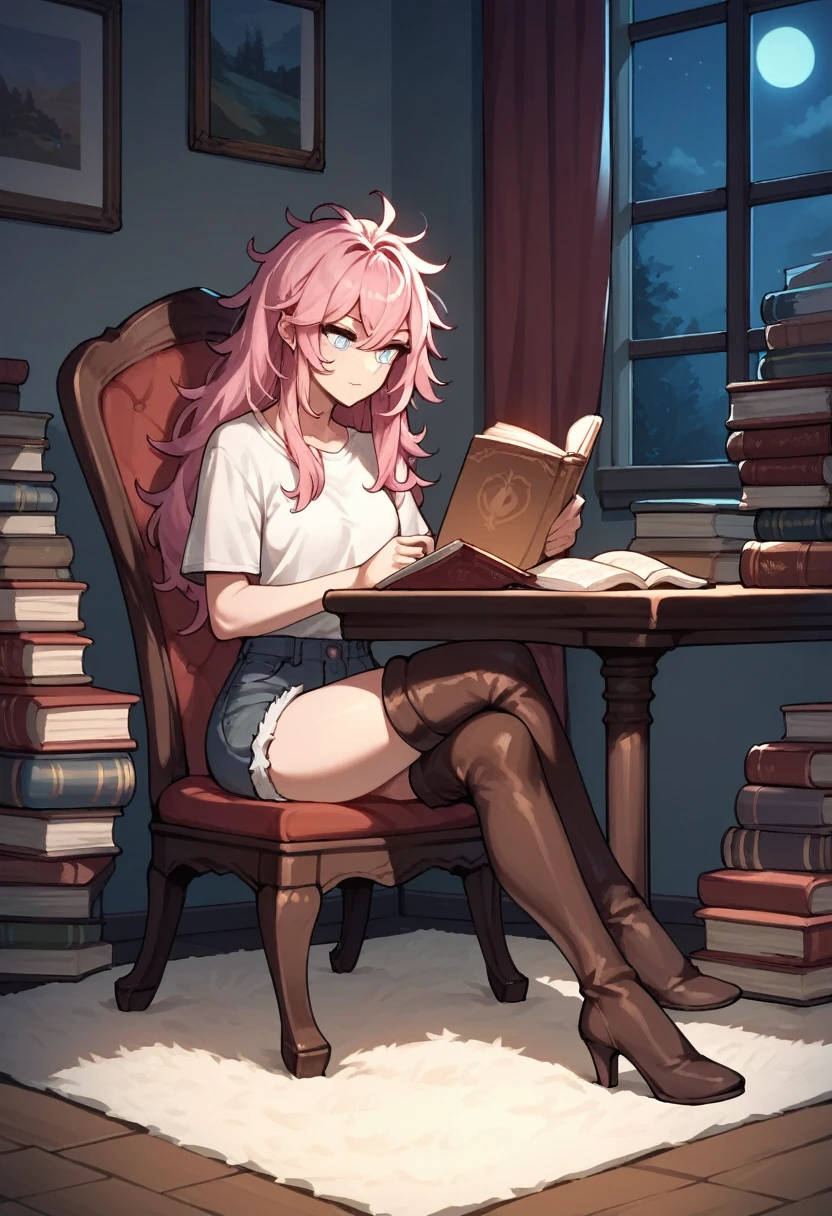 score_9, score_8_up, score_7_up, score_6_up, score_5_up, score_4_up, source_anime, 1girl, sit, chair, pink hair, long hair, white eyes, crossed legs, messy hair, black topics, shorts, brown thigh high boots, heels, books, table, night, carpet, reading book, rooms, best quality, best res, 4K UHD,