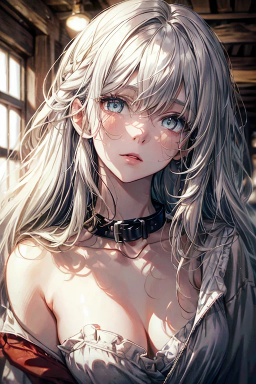 1girl, simple white and red tunic, long curvy messy hair, silver hair, glowing ruby colored eyes, beautiful face, detailed face, detailed eyes, perfect anatomy, collar bone, secluded old tavern, medieval theme, illustration, 8k, super details, award winning, high res