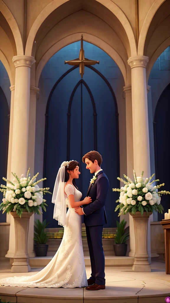 "Create an image that symbolizes the wedding, highlighting love, union and commitment. Show a couple in a romantic setting, like an altar decorated with flowers, exchanging vows or rings. Use visual elements such as clasped hands, affectionate looks and smiles to convey the emotion of the moment. Include traditional wedding symbols, like a veil, a bouquet, and an alliance. The setting can be outdoors in a beautiful garden or in a bright church, with an atmosphere of joy and celebration. Use soft, bright colors to convey a feeling of happiness and hope."