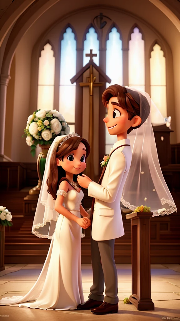 "Create an image that symbolizes the wedding, highlighting love, union and commitment. Show a couple in a romantic setting, like an altar decorated with flowers, exchanging vows or rings. Use visual elements such as clasped hands, affectionate looks and smiles to convey the emotion of the moment. Include traditional wedding symbols, like a veil, a bouquet, and an alliance. The setting can be outdoors in a beautiful garden or in a bright church, with an atmosphere of joy and celebration. Use soft, bright colors to convey a feeling of happiness and hope."