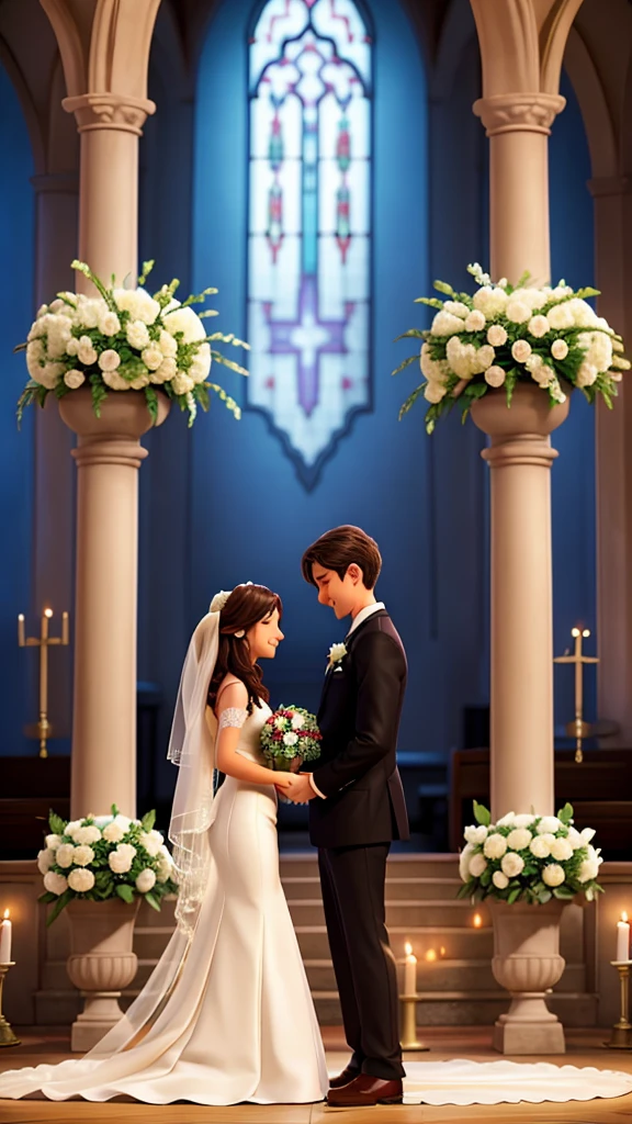 "Create an image that symbolizes the wedding, highlighting love, union and commitment. Show a couple in a romantic setting, like an altar decorated with flowers, exchanging vows or rings. Use visual elements such as clasped hands, affectionate looks and smiles to convey the emotion of the moment. Include traditional wedding symbols, like a veil, a bouquet, and an alliance. The setting can be outdoors in a beautiful garden or in a bright church, with an atmosphere of joy and celebration. Use soft, bright colors to convey a feeling of happiness and hope."