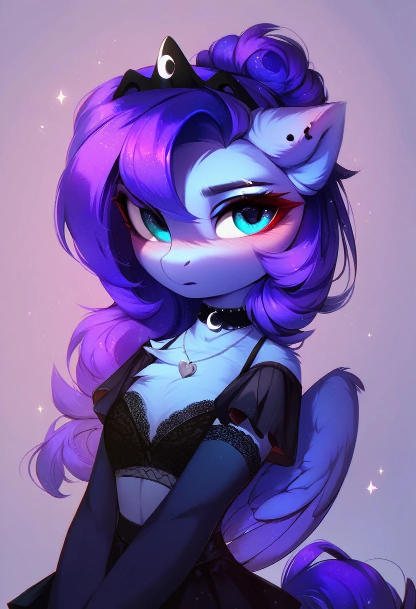 check_9, check_8_up, check_7_up, source_fluffy, rating_safe, from Magnaluna, Luna poses seductively in a gothic bedroom, antro, blushing, blue body, purple mane, black lingerie skirt