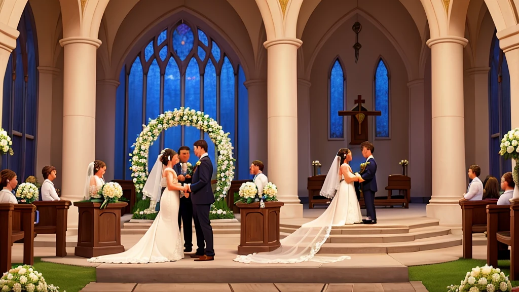 "Create an image that symbolizes the wedding, highlighting love, union and commitment. Show a couple in a romantic setting, like an altar decorated with flowers, exchanging vows or rings. Use visual elements such as clasped hands, affectionate looks and smiles to convey the emotion of the moment. Include traditional wedding symbols, like a veil, a bouquet, and an alliance. The setting can be outdoors in a beautiful garden or in a bright church, with an atmosphere of joy and celebration. Use soft, bright colors to convey a feeling of happiness and hope."
